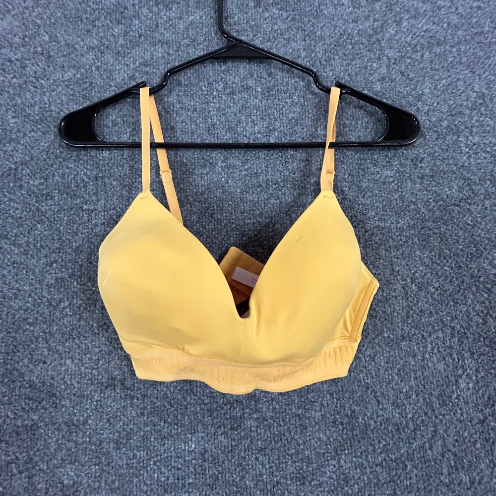 Pink Victoria's Secret Bra Womens Size 32D Yellow Wireless Logo Band Plunge